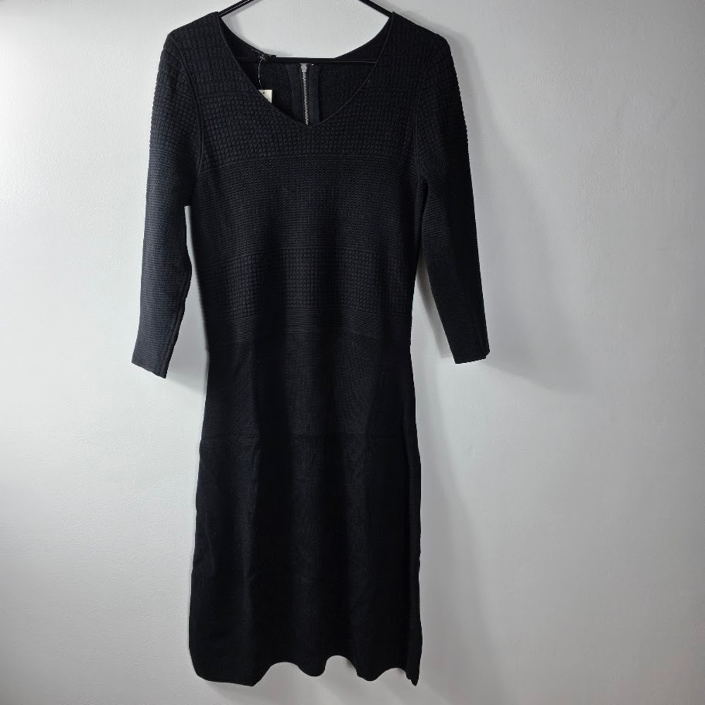 Talbots Black Textured Knit V‎ Neck 3/4 Sleeve Sheath Dress Size S